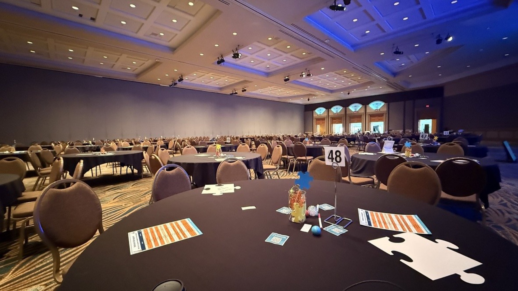 A large workshop room prepared with interactive materials